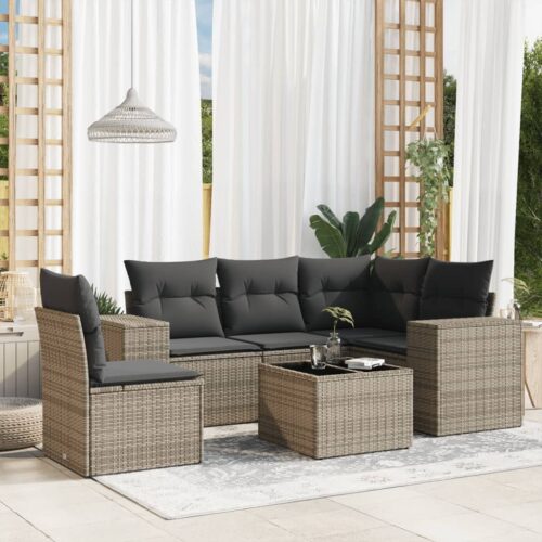 6-Piece Garden Sofa Set with Cushions Grey Poly Rattan Wicker Outdoor Patio Furniture - Image 2