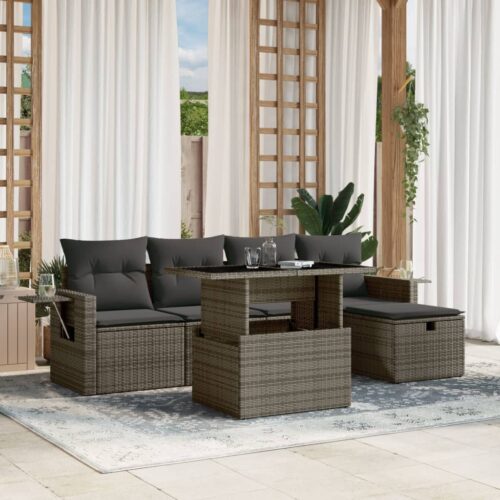 6-Piece Garden Sofa Set with Cushions Grey Poly Rattan Wicker Outdoor Patio Furniture - Image 2