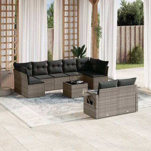 10-Piece Garden Sofa Set with Cushions Grey Poly Rattan Wicker Outdoor Patio Furniture - Image 2