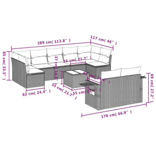 10-Piece Garden Sofa Set with Cushions Grey Poly Rattan Wicker Outdoor Patio Furniture - Image 3