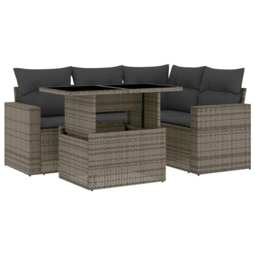 5-Piece Garden Sofa Set with Cushions Grey Poly Rattan Wicker Outdoor Patio Furniture - Image 13