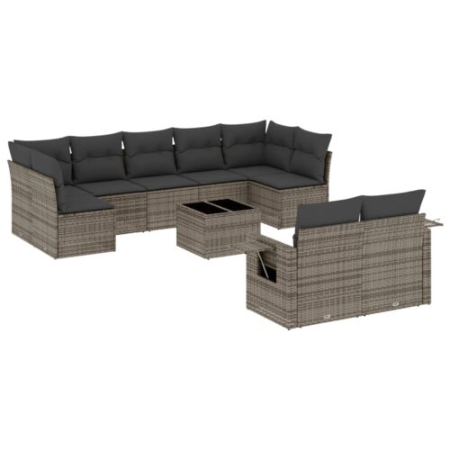 10-Piece Garden Sofa Set with Cushions Grey Poly Rattan Wicker Outdoor Patio Furniture - Image 5