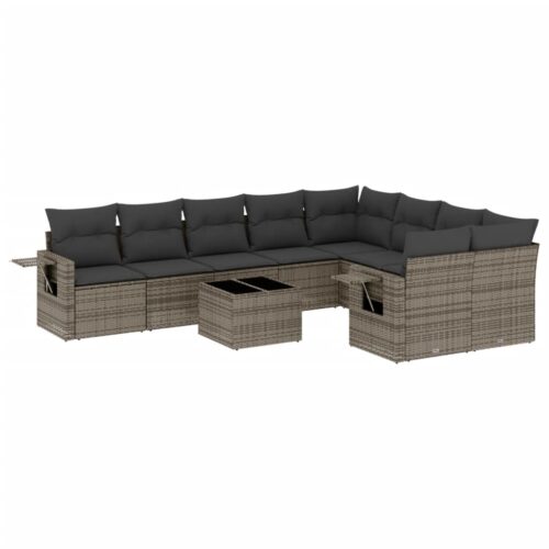10-Piece Garden Sofa Set with Cushions Grey Poly Rattan Wicker Outdoor Patio Furniture
