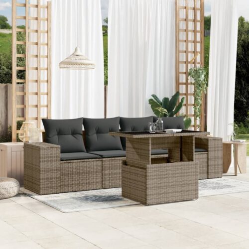 5-Piece Garden Sofa Set with Cushions Grey Poly Rattan Wicker Outdoor Patio Furniture - Image 2