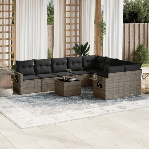 10-Piece Garden Sofa Set with Cushions Grey Poly Rattan Wicker Outdoor Patio Furniture - Image 2