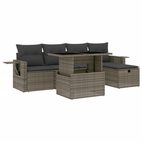 6-Piece Garden Sofa Set with Cushions Grey Poly Rattan Wicker Outdoor Patio Furniture - Image 13