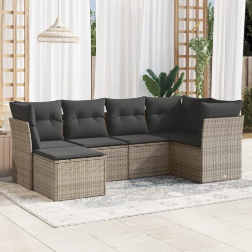 6-Piece Garden Sofa Set with Cushions Grey Poly Rattan Wicker Outdoor Patio Furniture - Image 2