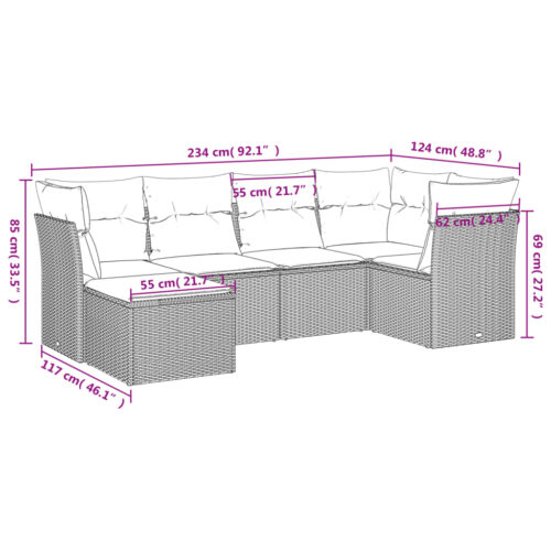 6-Piece Garden Sofa Set with Cushions Grey Poly Rattan Wicker Outdoor Patio Furniture - Image 3