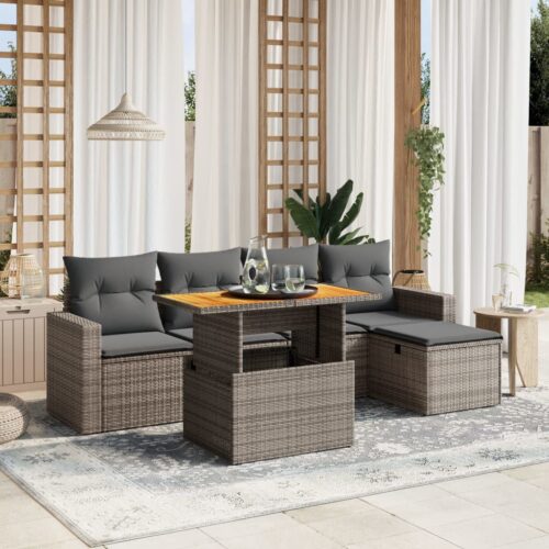 6-Piece Garden Sofa Set with Cushions Grey Poly Rattan Wicker Outdoor Patio Furniture - Image 2