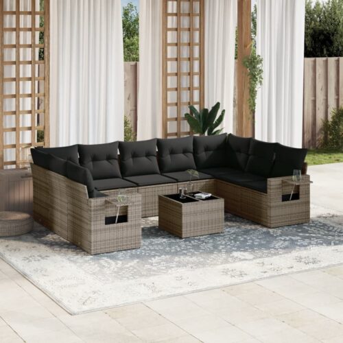 10-Piece Garden Sofa Set with Cushions Grey Poly Rattan Wicker Outdoor Patio Furniture - Image 2