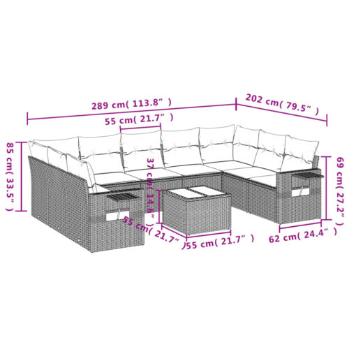 10-Piece Garden Sofa Set with Cushions Grey Poly Rattan Wicker Outdoor Patio Furniture - Image 3