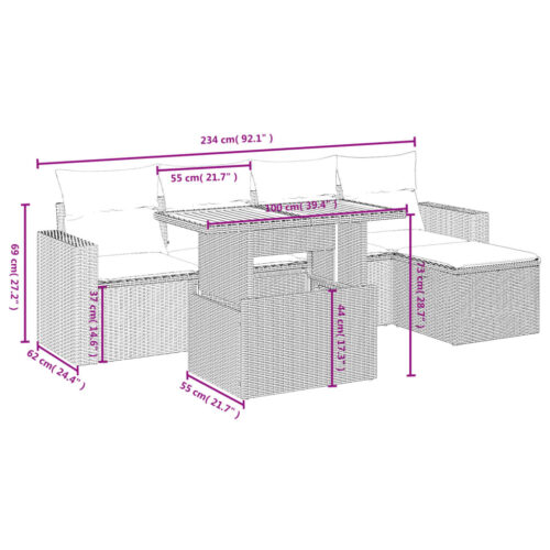 6-Piece Garden Sofa Set with Cushions Grey Poly Rattan Wicker Outdoor Patio Furniture - Image 4