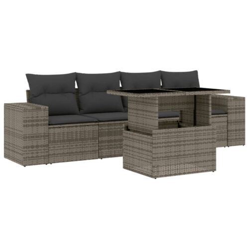 5-Piece Garden Sofa Set with Cushions Grey Poly Rattan Wicker Outdoor Patio Furniture - Image 13