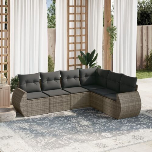 6-Piece Garden Sofa Set with Cushions Grey Poly Rattan Wicker Outdoor Patio Furniture - Image 2