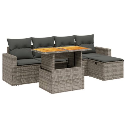 6-Piece Garden Sofa Set with Cushions Grey Poly Rattan Wicker Outdoor Patio Furniture - Image 6