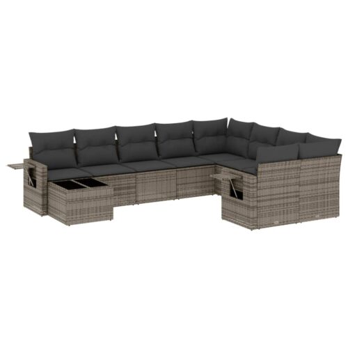 10-Piece Garden Sofa Set with Cushions Grey Poly Rattan Wicker Outdoor Patio Furniture
