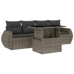 5-Piece Garden Sofa Set with Cushions Grey Poly Rattan Wicker Outdoor Patio Furniture
