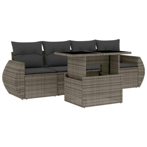 5-Piece Garden Sofa Set with Cushions Grey Poly Rattan Wicker Outdoor Patio Furniture
