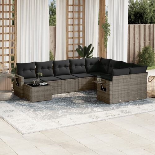 10-Piece Garden Sofa Set with Cushions Grey Poly Rattan Wicker Outdoor Patio Furniture - Image 2