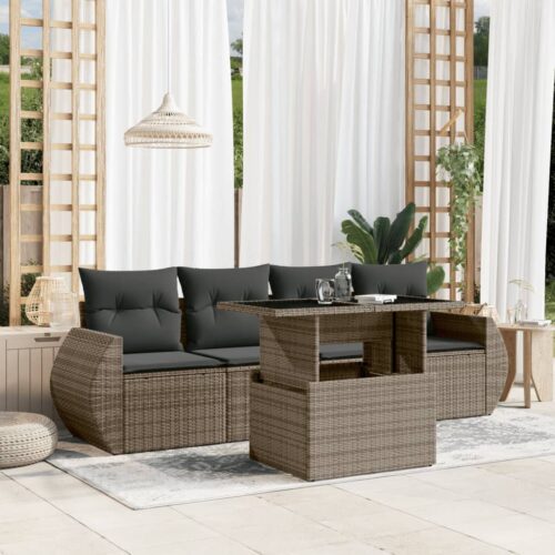 5-Piece Garden Sofa Set with Cushions Grey Poly Rattan Wicker Outdoor Patio Furniture - Image 2
