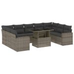 10-Piece Garden Sofa Set with Cushions Grey Poly Rattan Wicker Outdoor Patio Furniture