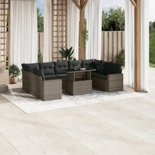 10-Piece Garden Sofa Set with Cushions Grey Poly Rattan Wicker Outdoor Patio Furniture - Image 3