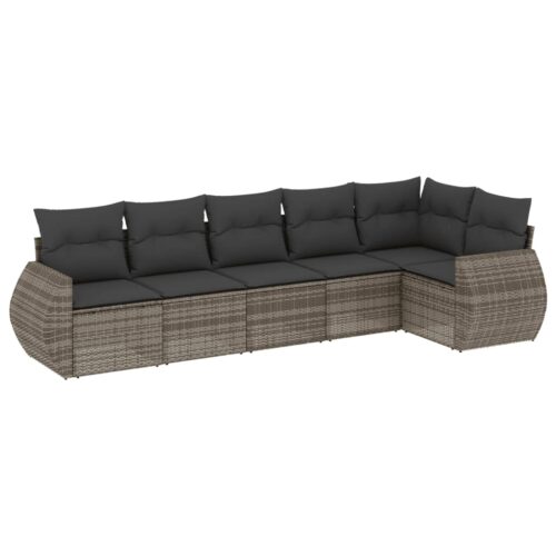 6-Piece Garden Sofa Set with Cushions Grey Poly Rattan Wicker Outdoor Patio Furniture
