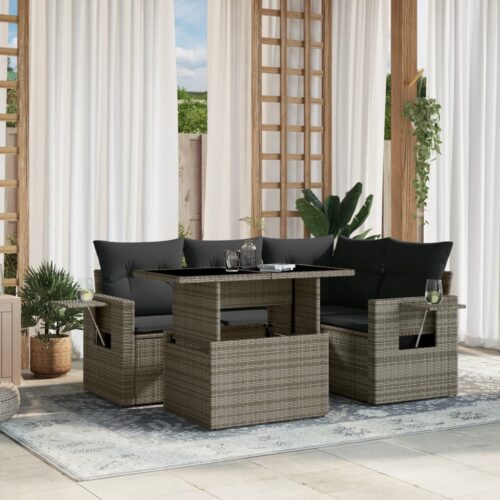 5-Piece Garden Sofa Set with Cushions Grey Poly Rattan Wicker Outdoor Patio Furniture - Image 2