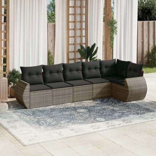 6-Piece Garden Sofa Set with Cushions Grey Poly Rattan Wicker Outdoor Patio Furniture - Image 2