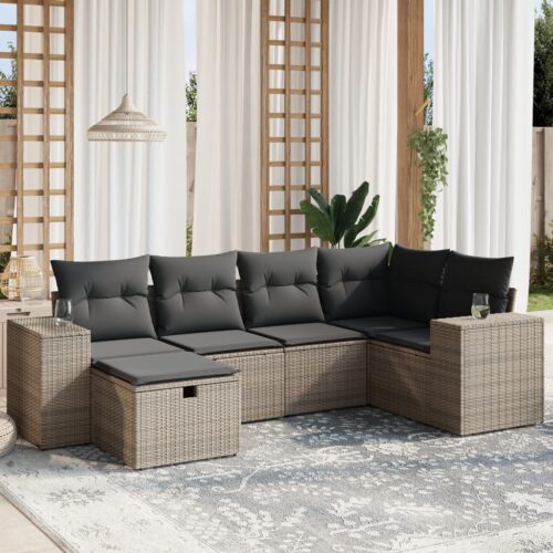 6-Piece Garden Sofa Set with Cushions Grey Poly Rattan Wicker Outdoor Patio Furniture - Image 2