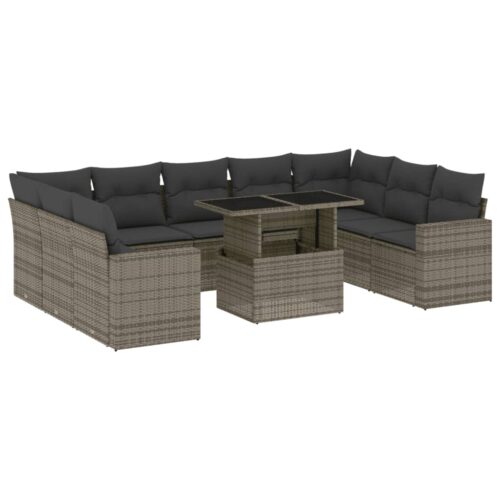 10-Piece Garden Sofa Set with Cushions Grey Poly Rattan Wicker Outdoor Patio Furniture - Image 14