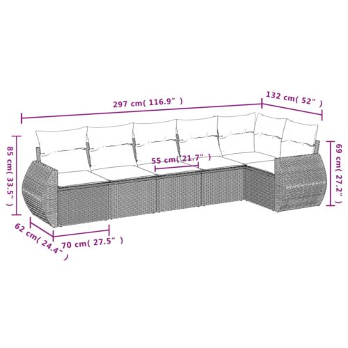6-Piece Garden Sofa Set with Cushions Grey Poly Rattan Wicker Outdoor Patio Furniture - Image 7