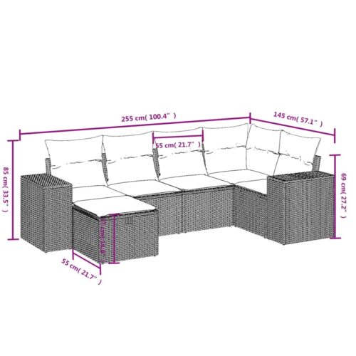 6-Piece Garden Sofa Set with Cushions Grey Poly Rattan Wicker Outdoor Patio Furniture - Image 4