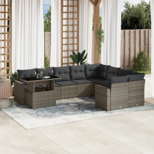 10-Piece Garden Sofa Set with Cushions Grey Poly Rattan Wicker Outdoor Patio Furniture - Image 2