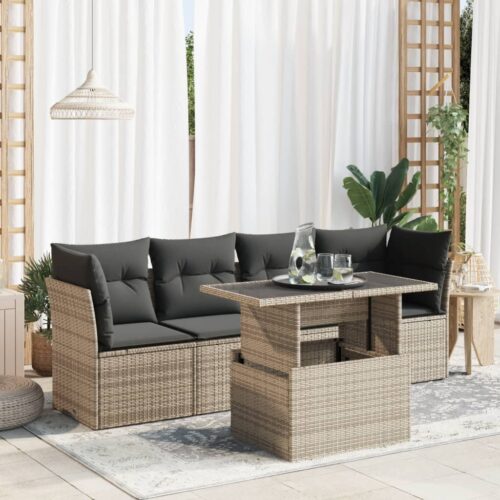 5-Piece Garden Sofa Set with Cushions Grey Poly Rattan Wicker Outdoor Patio Furniture - Image 2