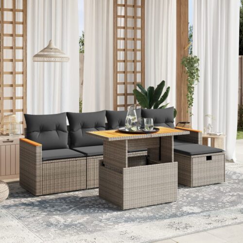 6-Piece Garden Sofa Set with Cushions Grey Poly Rattan Wicker Outdoor Patio Furniture - Image 2