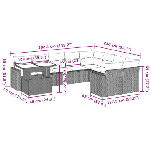 10-Piece Garden Sofa Set with Cushions Grey Poly Rattan Wicker Outdoor Patio Furniture - Image 11