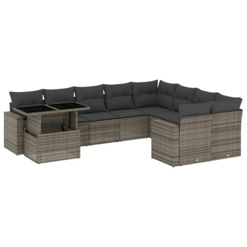 10-Piece Garden Sofa Set with Cushions Grey Poly Rattan Wicker Outdoor Patio Furniture - Image 13
