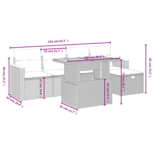 6-Piece Garden Sofa Set with Cushions Grey Poly Rattan Wicker Outdoor Patio Furniture - Image 4