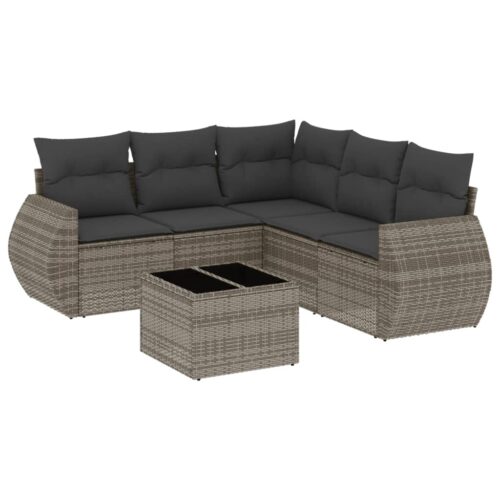6-Piece Garden Sofa Set with Cushions Grey Poly Rattan Wicker Outdoor Patio Furniture