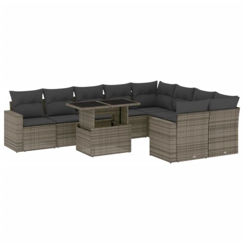 10-Piece Garden Sofa Set with Cushions Grey Poly Rattan Wicker Outdoor Patio Furniture
