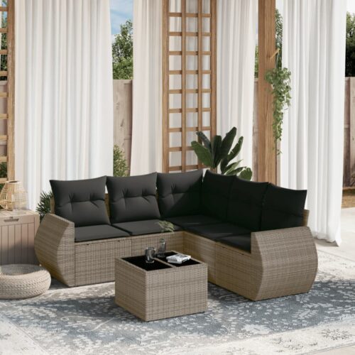6-Piece Garden Sofa Set with Cushions Grey Poly Rattan Wicker Outdoor Patio Furniture - Image 2