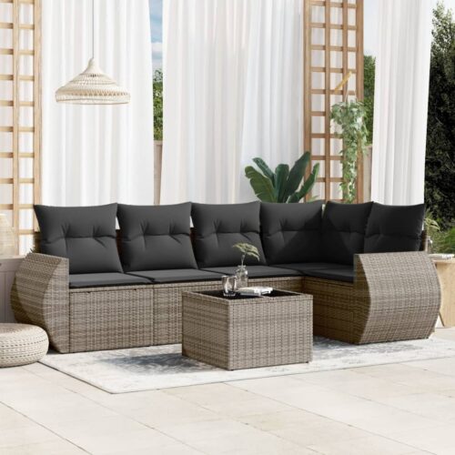 6-Piece Garden Sofa Set with Cushions Grey Poly Rattan Wicker Outdoor Patio Furniture - Image 2