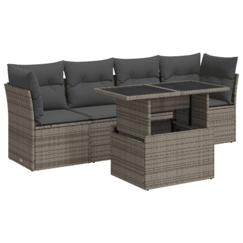 5-Piece Garden Sofa Set with Cushions Grey Poly Rattan Wicker Outdoor Patio Furniture - Image 13