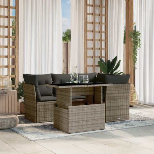 5-Piece Garden Sofa Set with Cushions Grey Poly Rattan Wicker Outdoor Patio Furniture - Image 2