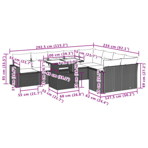 10-Piece Garden Sofa Set with Cushions Grey Poly Rattan Wicker Outdoor Patio Furniture - Image 11