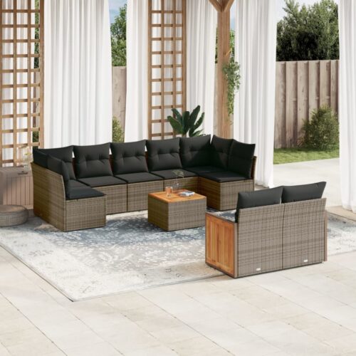 10-Piece Garden Sofa Set with Cushions Grey Poly Rattan Wicker Outdoor Patio Furniture - Image 2
