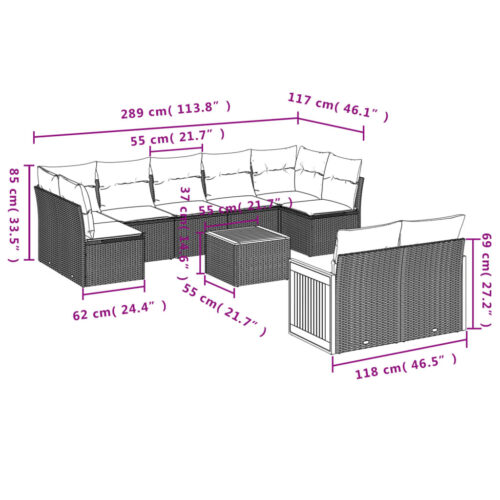10-Piece Garden Sofa Set with Cushions Grey Poly Rattan Wicker Outdoor Patio Furniture - Image 3