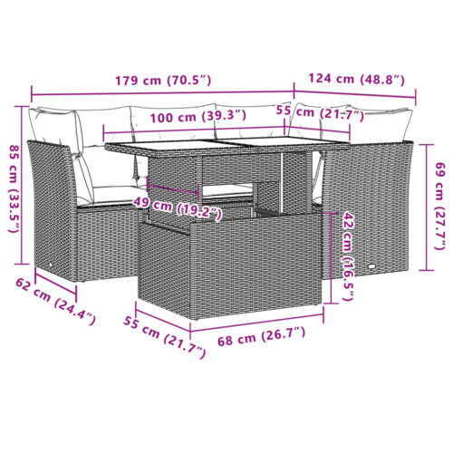 5-Piece Garden Sofa Set with Cushions Grey Poly Rattan Wicker Outdoor Patio Furniture - Image 10
