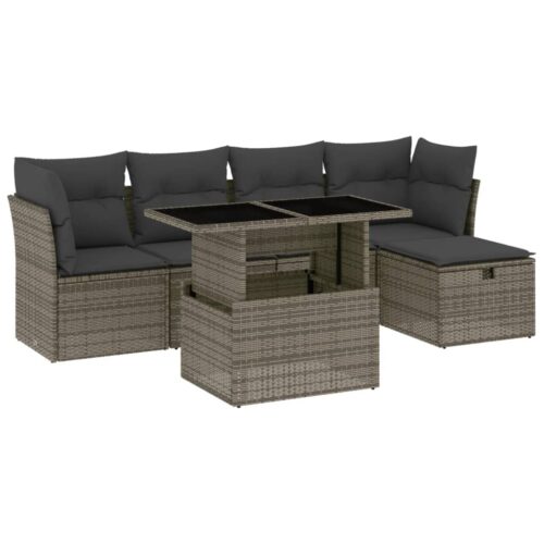 6-Piece Garden Sofa Set with Cushions Grey Poly Rattan Wicker Outdoor Patio Furniture